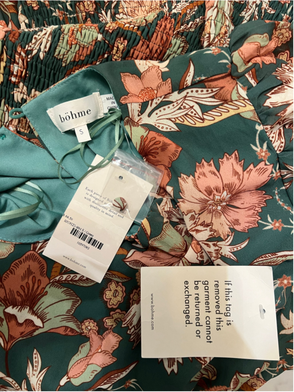 NWT Böhme Green Floral Smocked Long Sleeve Maxi Dress Small - Picture 2 of 7
